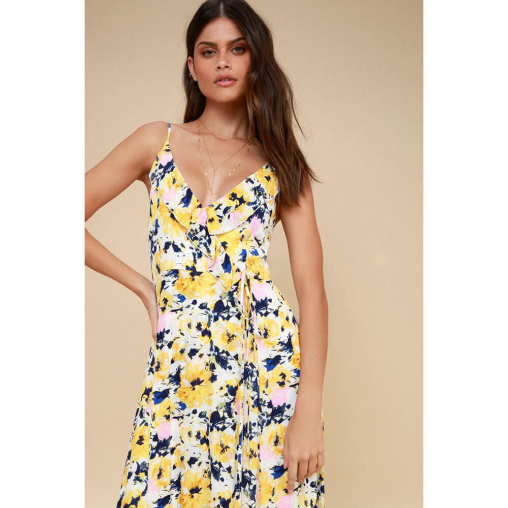 Lulus Berryessa Yellow Floral Print Sleeveless Maxi Dress - Size X-Small